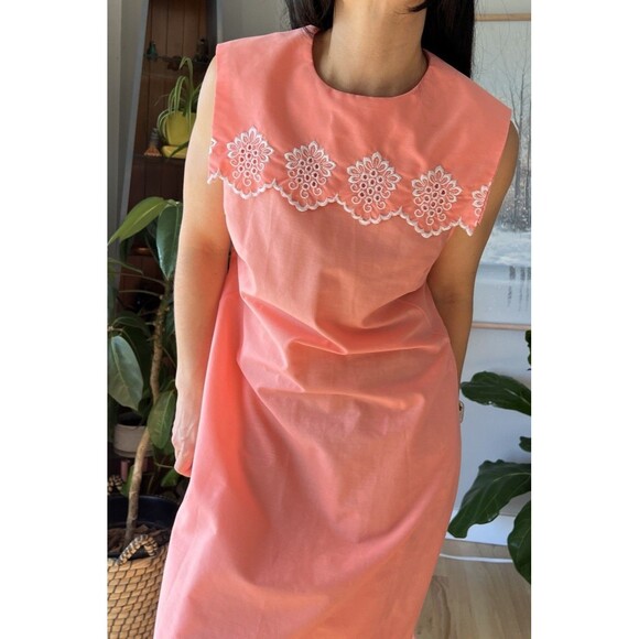 vintage 60s orange white embroidered sailor collar sheer mod midi dress medium - Picture 6 of 8